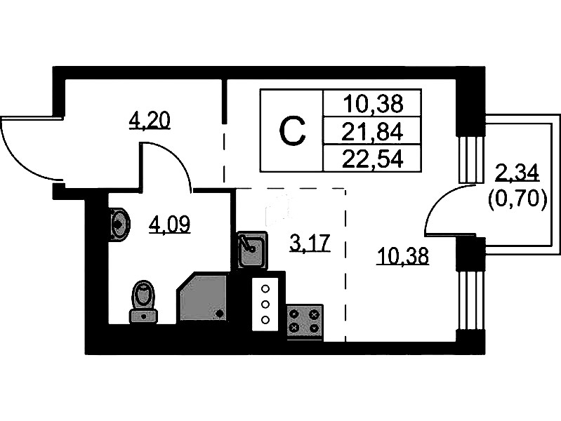 Квартира студия 22.54 м², 3/9 эт., ЖК «Квартал Лаголово»